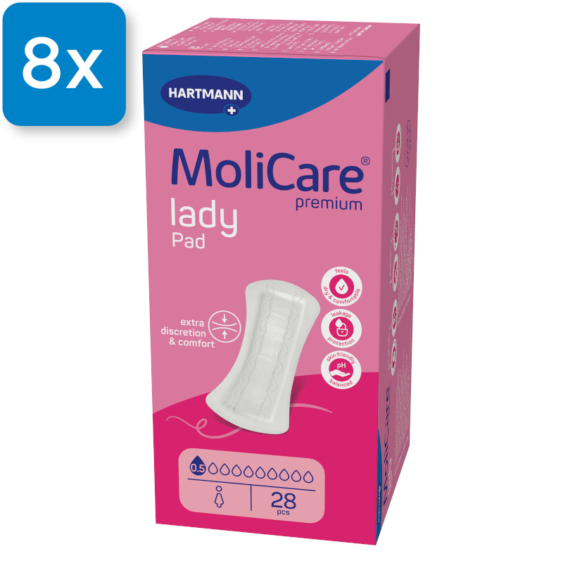 Die Vorderseite einer Packung Molicare Premium Lady Pad 0,5 Tropfen. Oben links ist ein blaues Viereck mit der Aufschrift "8x", welche aussagt, dass acht Packungen in einem Karton enthalten sind.